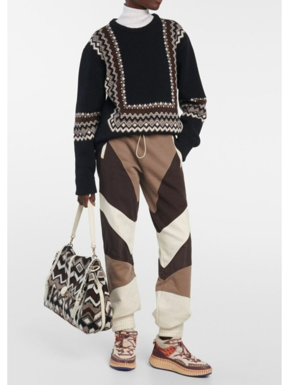 Chloe $1990 Wool Blend Jacquard Sweater Black Brown Crew Neck Fair Isle Fall - Picture 2 of 16